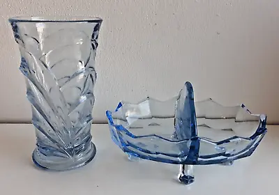 Buy Vintage Art Deco Bagley Electric Blue Osprey Vase & Pressed Glass Divided Dish • 11.95£