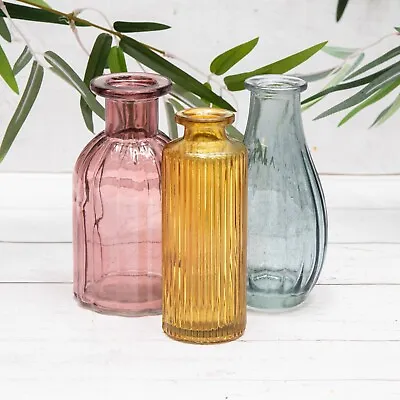 Buy Set 3 Vases Grey Pink Amber Glass Vintage Ribbed Bottle Small Posy Bud Vases • 11.95£