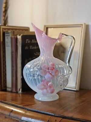 Buy Antique Victorian Stourbridge Vaseline Glass Applique Flowers Opalescent Jug • 119.99£