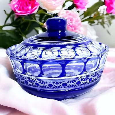 Buy Vtg Czech-Bohemian Style Cobalt Blue Cut To Clear Crystal Lidded Bowl Candy Dish • 42.69£