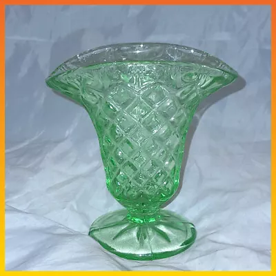 Buy Vintage Art Deco Green Glass  Legged Trumpet Fanned Rim Vase 4.5  Tall • 15.39£