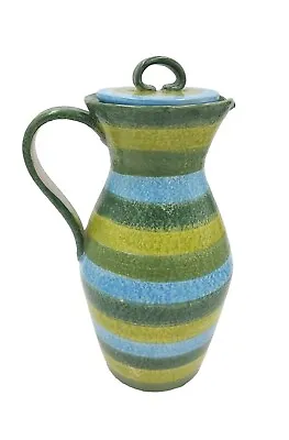 Buy Bitossi Italian Pottery Pitcher Vase Jug MCM Texture Blue Green Stripe Lid VTG • 81.57£