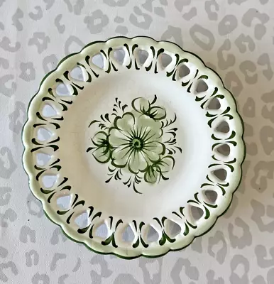 Buy Small Portuguese Wall Plate Green Cream Cut Out Pattern 5  Hanging Hooks • 1.99£