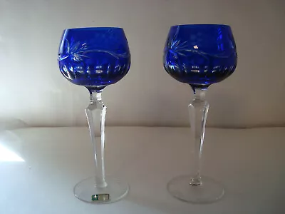 Buy Lausitzer Germany Cut To Clear Crystal Set Of 2 Cobalt Blue Wine Glass Goblets • 52.25£