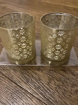 Buy NEW Tesco Pair Of Antique Pale Gold Coloured Decorative Glass Tea Light Holders • 5£
