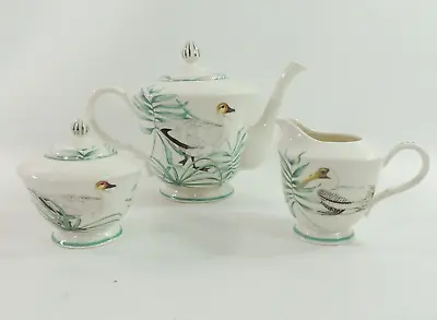 Buy Water Birds Ducks & Green Palms Porcelain White 3 Cup Teapot Creamer & Sugar Set • 57.63£