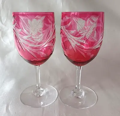 Buy Pair Of Cranberry On Clear Overlay Ovoid Bowl Intaglio Cut Wine Glasses  E20thC • 25£