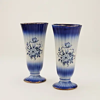 Buy Pair Of Vintage Blue & White W/Gold Trim  Mayfayre Staffordshire Vases • 46.12£