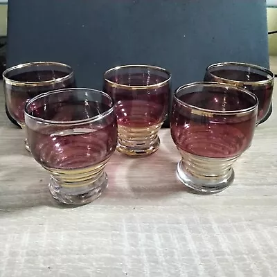 Buy (696) Vintage Shot Glasses Cranberry Red Gold Coloured Striped X5. • 2£