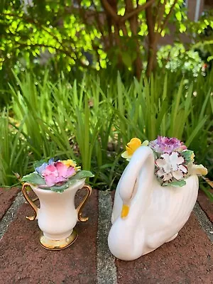 Buy Royal Adderley Swan W/ Flower Bouquet And Sandford Vase (2pcs), Fine Bone China • 23.98£