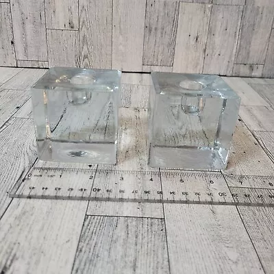 Buy Pair Of Glass Ice Cube Candlestick Holders MCM • 24.13£