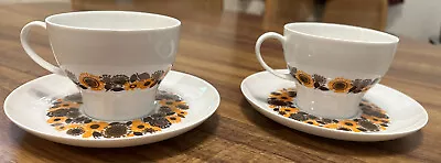 Buy Thomas China Set Of 2 Tea Cups With Saucers. White With Orange And Brown Design. • 22.76£