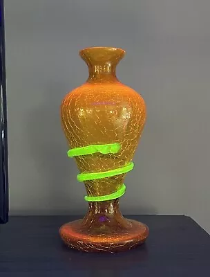 Buy Rare Czech Kralik Crackle Glass Golden Yellow Vase With Applied Vaseline Snake • 567.89£