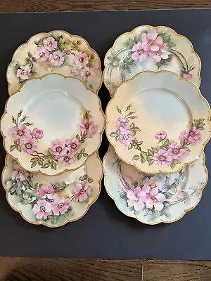 Buy Antique Haviland Limoges Set Of 6 Hand Painted Pink Flowers Scalloped Plates • 81.86£