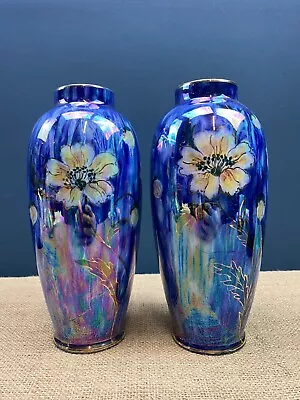 Buy Large Pair Vintage 1950's Maling Blue Lustre Ware Floral Vases • 95£