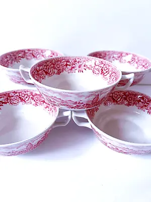 Buy VINTAGE MID-CENTURY PINK / RED RIDGWAY 'WOBURN' Double Handled BOWLS X 5 - VGC • 30£
