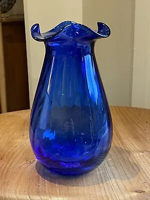Buy Vintage MCM Dartington Cobalt Blue Glass Swirl Ruffle Neck Vase. • 19.99£