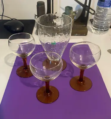 Buy 3x Vintage Amber Stem Sherry / Port Glass With 1x Crackle Glass • 18.99£