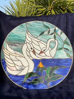 Buy Handmade Leaded Stained Glass Window Round Panel 60cm - Swans Flowers • 99.99£
