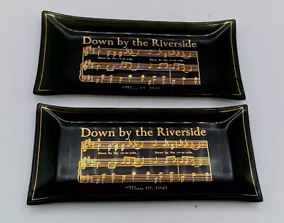 Buy Set/2 Vtg. MCM Black Glass Trays Gold 6x3  Down By The Riverside May 19, 1941 • 18.28£