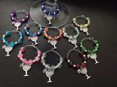 Buy 6 Cocktail Drink Wine Glass Silver Charms Coloured Crackle Beads Multi Colours • 6.50£
