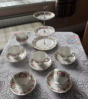 Buy Vintage Colclough Bone China Tea Set & Small Cake Stand Pink & White Roses • 32£