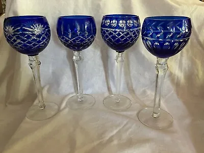 Buy 4 Different Designs Crystal Bohemian Czech Cobalt Blue Cut To Clear Wine Glasses • 182.54£
