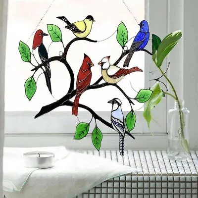 Buy Stained Glass Birds-On-Branch Window Panel Hanging Sun Catcher Home Garden Decor • 7.89£
