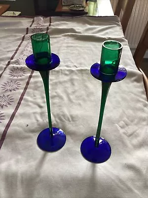 Buy Pair Of Cobalt Blue/Sea Green Glass Candle Holders Tall Thin 26.5cm Gorgeous  • 21.30£