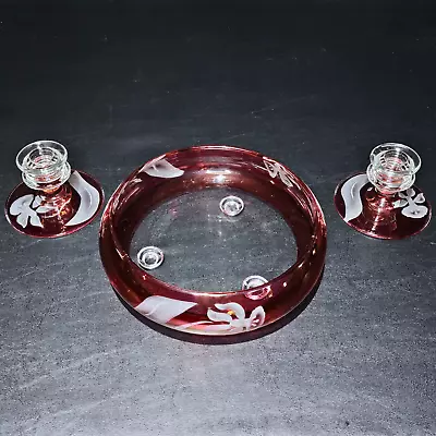 Buy Bohemian Glass Cranberry Flash Footed Centerpiece Bowl & 2 Taper Candle Holders • 57.58£