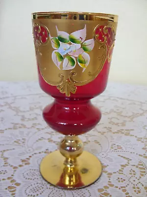 Buy Glass Vase Ruby Red  - Gilded Overlay - Applied Pastel Flowers ~~ Lovely • 12.99£