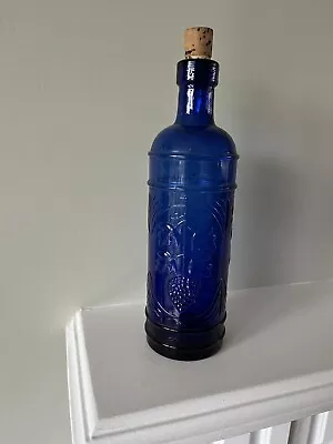 Buy Cobalt Blue Glass Bottle Cork Stopper Embossed  Leaves Grapes 23cm Vintage ‘90s • 8£