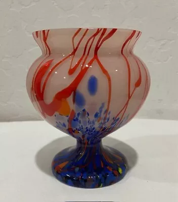 Buy Vintage Czech Bohemian Glass Art Pedestal Vase 5-1/2  H Spatter Bulbous Marked • 55.38£