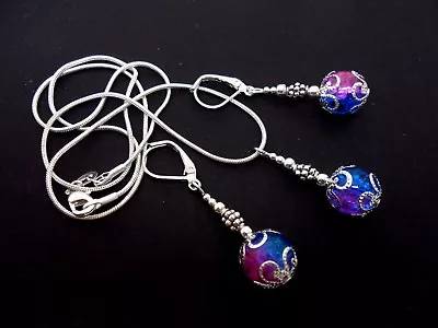 Buy A Pink/blue Crackle  Glass Bead Necklace And Leverback  Earring Set. New. • 3.99£