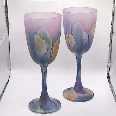 Buy Vintage Reuven Art Nouveau Satin Watercolor Wine Glasses Set Of 2 • 32.18£