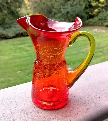 Buy Vintage Crackle Glass Pitcher. Tangerine W/ Yellow Handle. 5” Tall • 9.45£