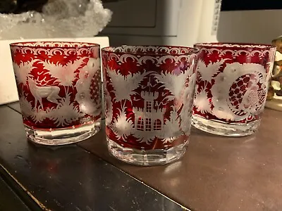 Buy CZECH POINT (3) CRANBERRY RUBY RED HAND MADE BOHEMIAN Double Old Fashion Glasses • 31.45£