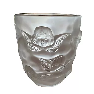 Buy Vtg French Sculpted Lalique-Style Figural Cherub Angel Frosted Glass Vase 9  • 332.06£