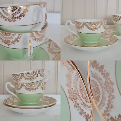 Buy Pair Of Peppermint Green Vintage Bone China Tea Cups & Saucers - P&P Included • 12.95£