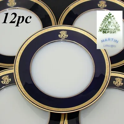 Buy Antique French Limoges 12pc 9.75  Dinner Plate Set, Cobalt & Gold Enamel Borders • 1,102.90£