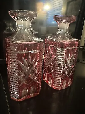 Buy Cranberry Colored Cut Glass Whiskey Liquor Decanter Set Of 2 • 56.92£