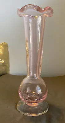 Buy Vintage Crackle Base Glass Ruffle Edge Vase  Pink Clear Foot  8.5” Hand Blown • 18.76£