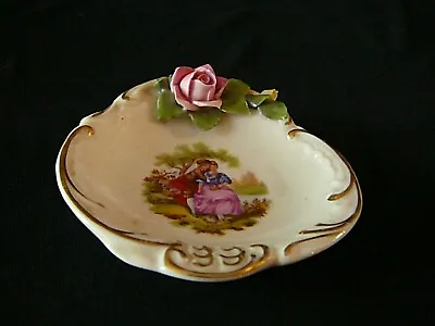 Buy Antique Dresden Applied Rose Small Trinket Dish Gold Gilt Blue N Crown Mark  • 20.72£