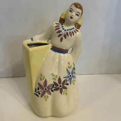 Buy Lady Vase 1940s Weil Ware CA Pottery Woman In White Dress Scarf Flowers Planter • 23.67£