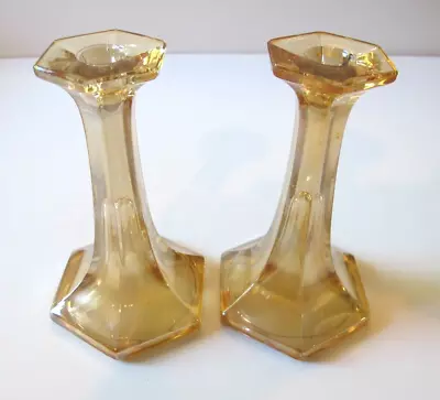 Buy Vintage 7.0  Tall Glass Candlestick Holders Amber Marigold Peach Carnival Glass • 14.40£