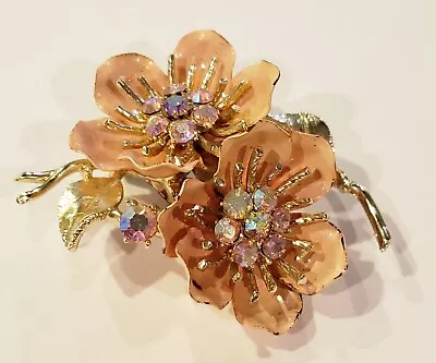 Buy Fabulous Coro Gold Tone Painted Enamel Austrian Crystal Wild Rose Flower Pin  • 37£