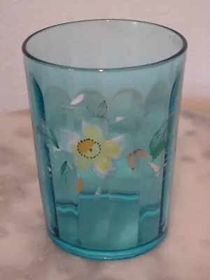 Buy Victorian Art Glass Blue Rib Optic Tumbler With Enamel Florals • 18.83£
