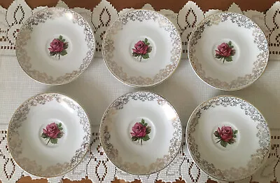 Buy Six Alfred Meakin Glo White China Saucers Pink Rose Filigree 22k Gilding • 1.50£