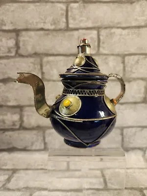 Buy Arabic Blue Enameled Pottery Tea Pot Middle East Metal Embellishments Unique • 18.96£