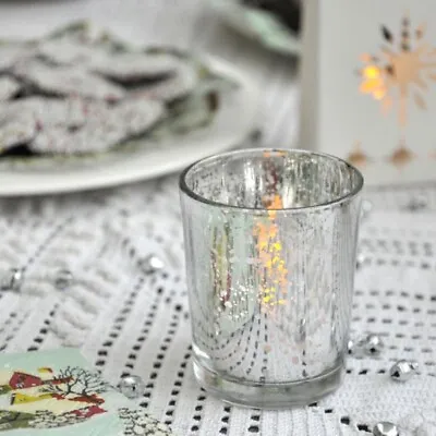 Buy 12pcs Mercury Silver Speckled Glass Tea Light Candle Holder Wedding Party Decor • 12£